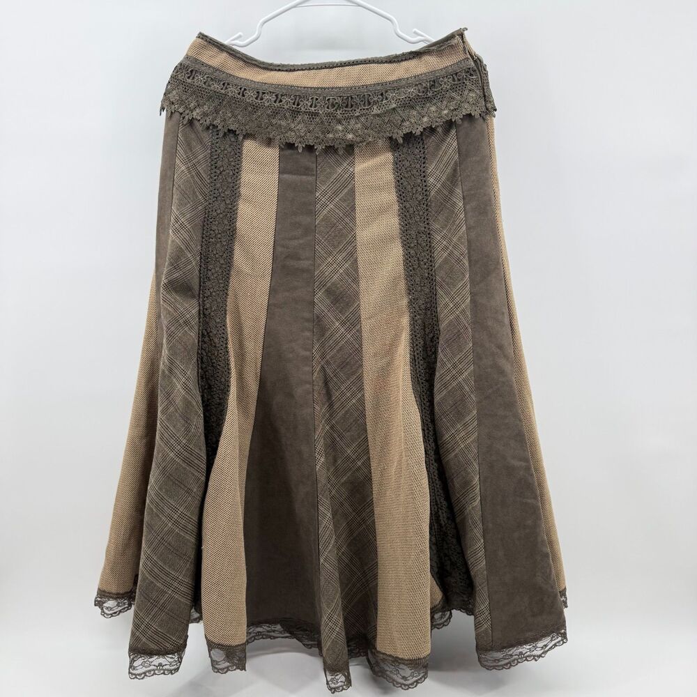 Nygård Brown Tweed Plaid Patchwork Midi Skirt Crochet Lace Trim Size 6 Vintage